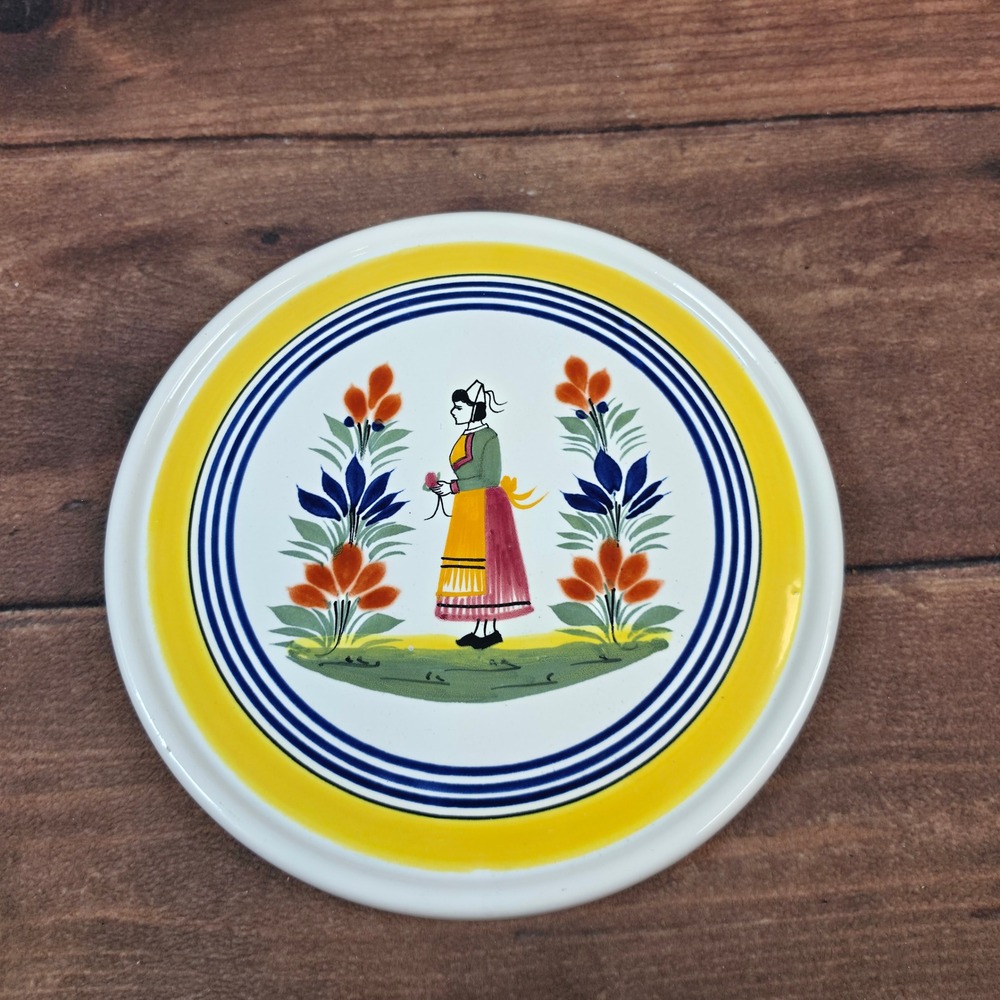 Henriot Quimper Ceramic Trivet Wall Plaque 11.5in Yellow Blue Folk Art France